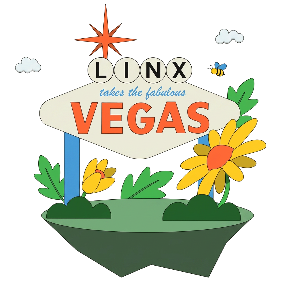 Linx Takes Vegas brand illustration with a retro sign, flowers, and a bee